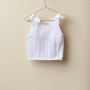 Canotta bianca con fiocco in morbido cotone lavorato