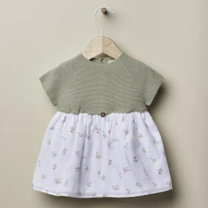 Abito in maglia e cotone per bambini verde/fiori
