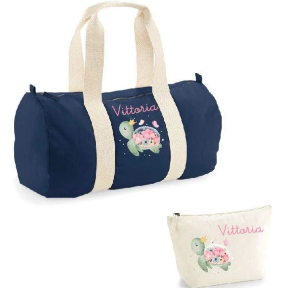 Borsone pochette in cotone personalizzabile Tartaruga Fiori - immagine 5