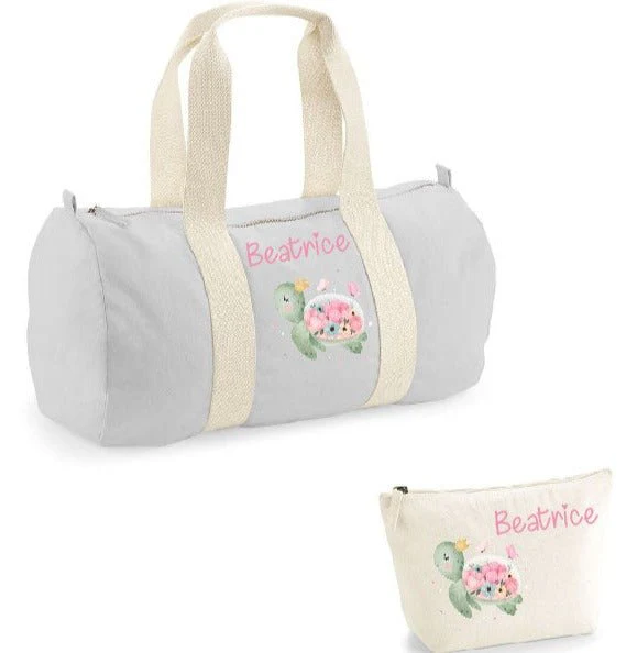 Borsone pochette in cotone personalizzabile Tartaruga Fiori - immagine 4