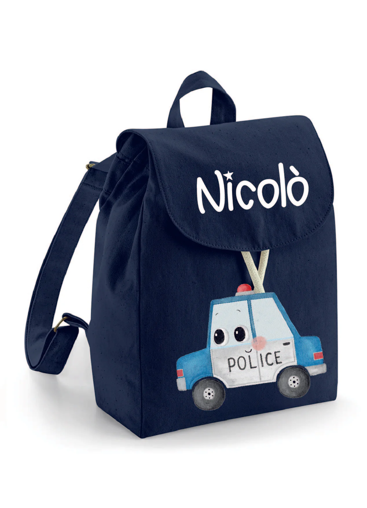 Mini Zaino asilo personalizzabile in cotone Macchina Polizia - immagine 2