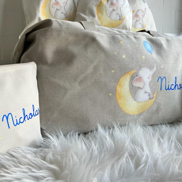 Borsone Elefantino sulla luna , 2 pochette e 3 sacchi in cotone organico - immagine 5