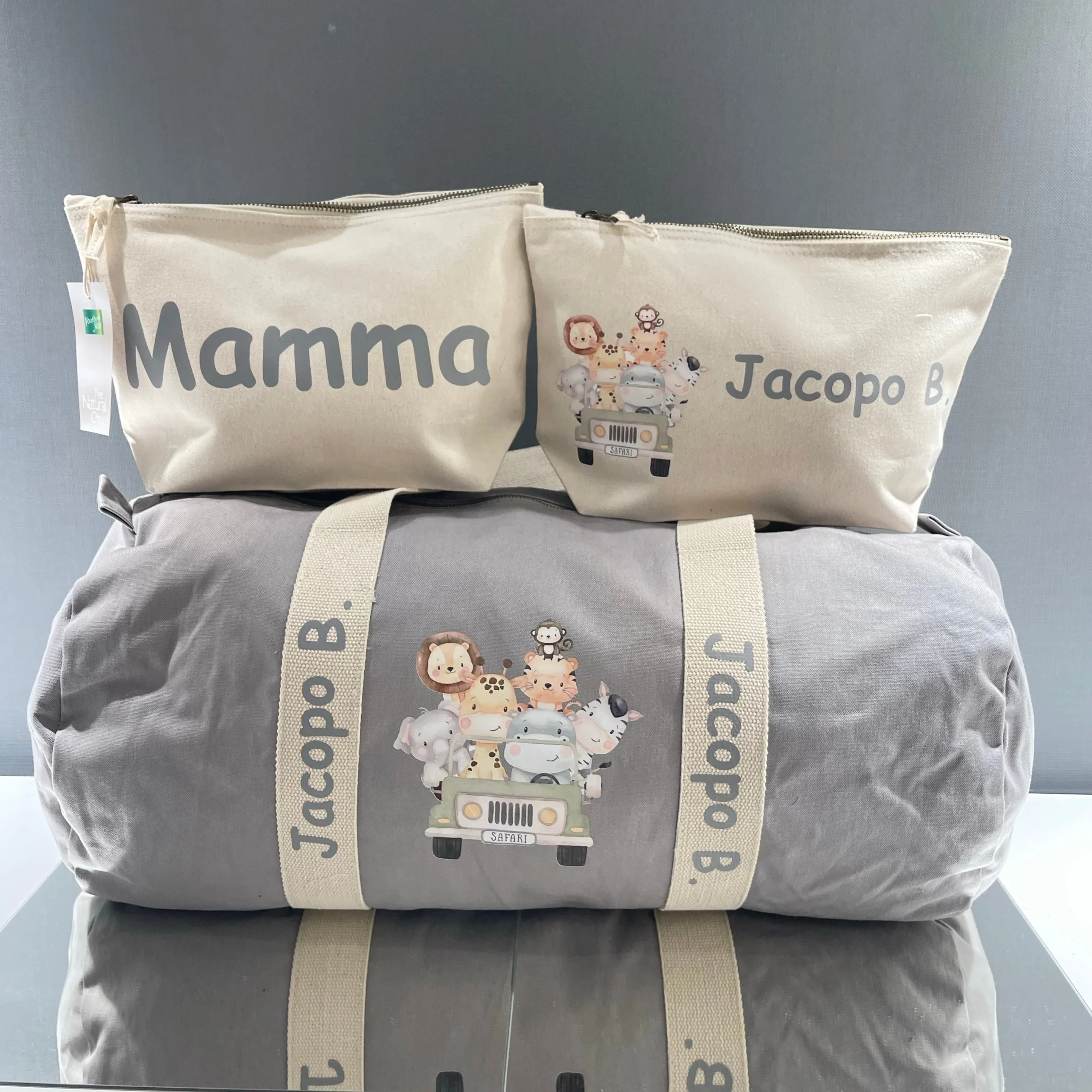 Borsone Baby e 2 beauty case in cotone Safari personalizzati con nome