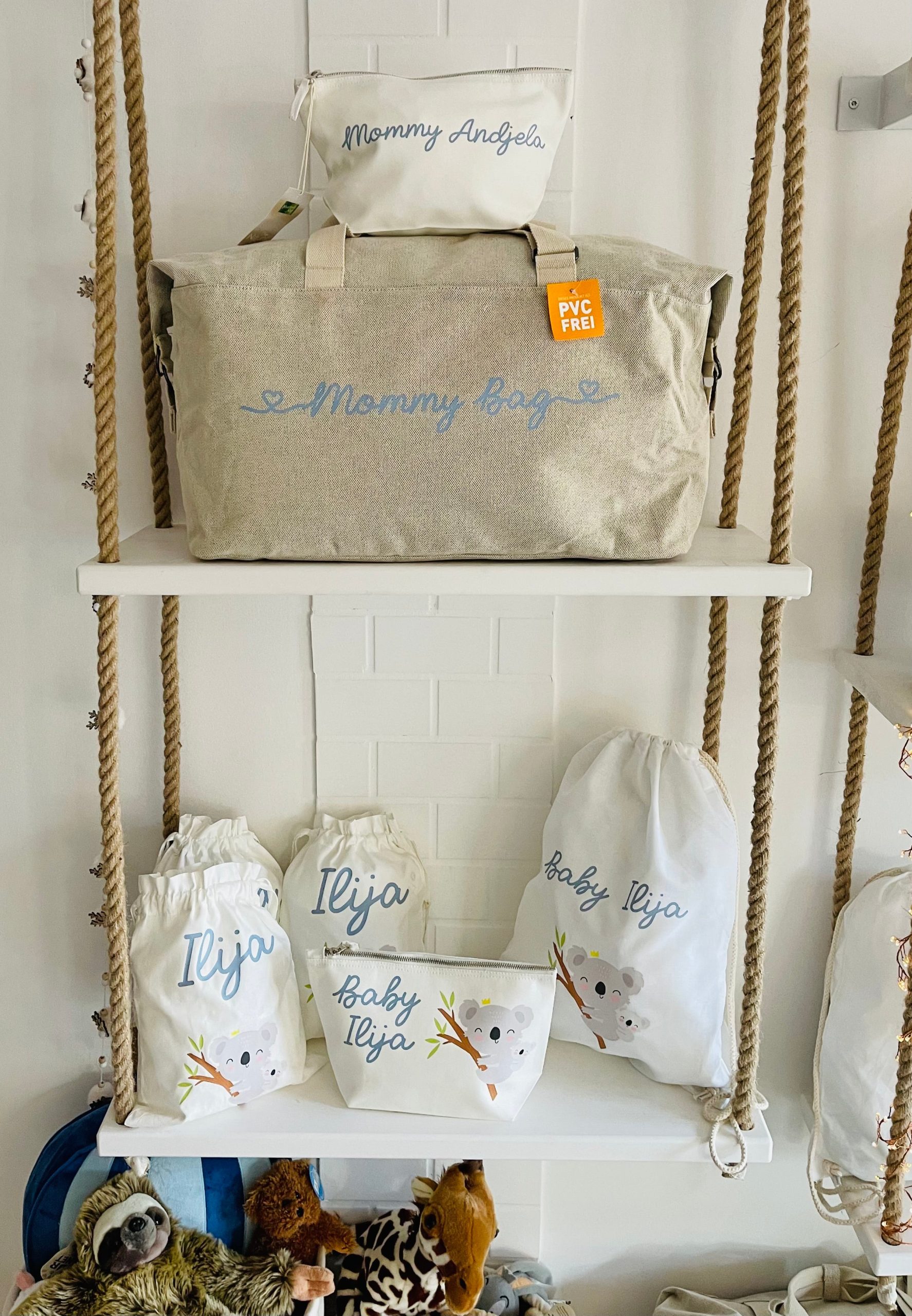 Borsone per il parto"Koala", 2 pochette e 3 sacchi cambio in cotone organico - immagine 4