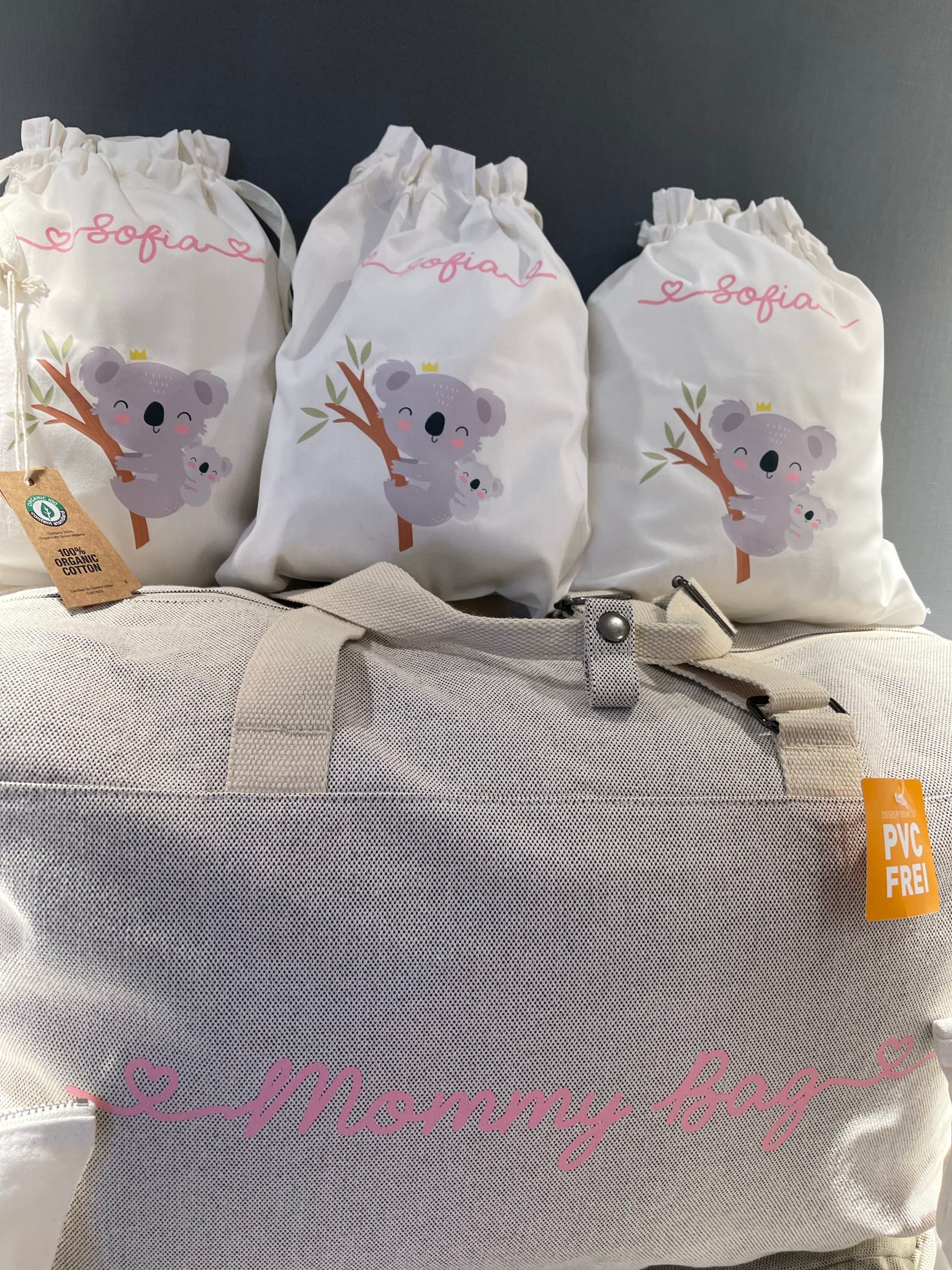 Borsone per il parto"Koala", 2 pochette e 3 sacchi cambio in cotone organico - immagine 6