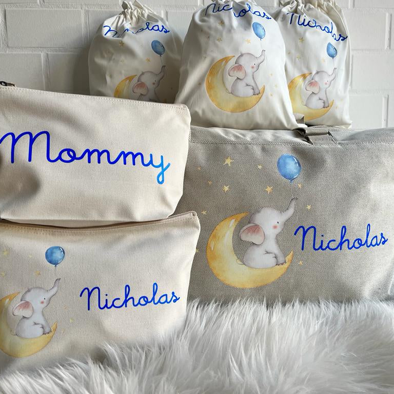 Borsone Elefantino sulla luna , 2 pochette e 3 sacchi in cotone organico - immagine 4