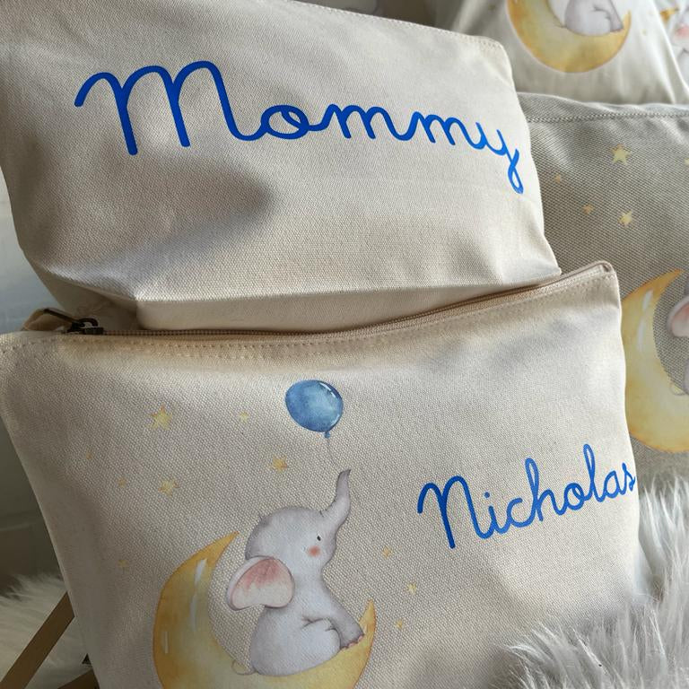 Borsone Elefantino sulla luna , 2 pochette e 3 sacchi in cotone organico - immagine 3