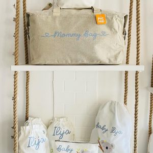 Borsone per il parto"Koala", 2 pochette e 3 sacchi cambio in cotone organico