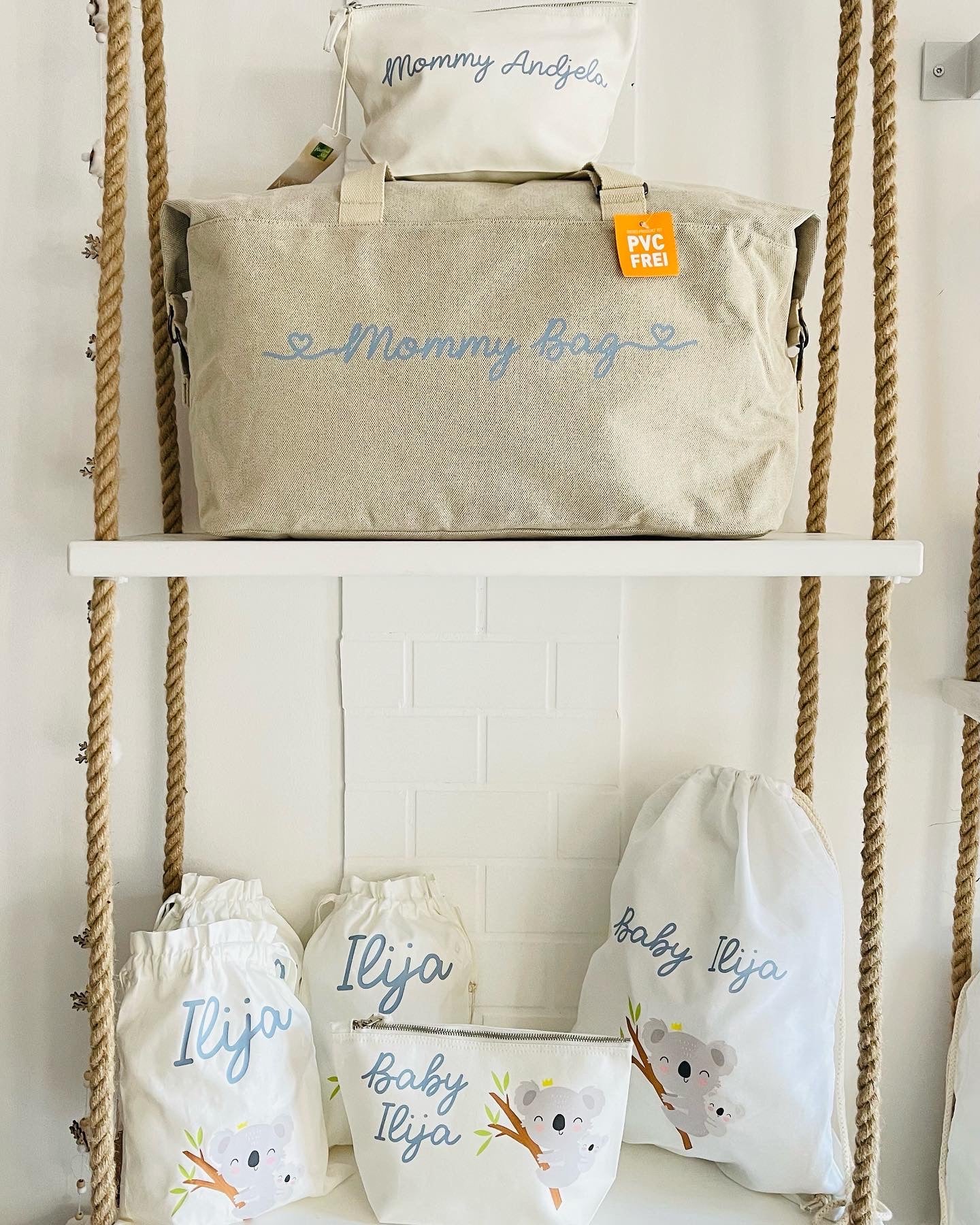 Borsone per il parto"Koala", 2 pochette e 3 sacchi cambio in cotone organico