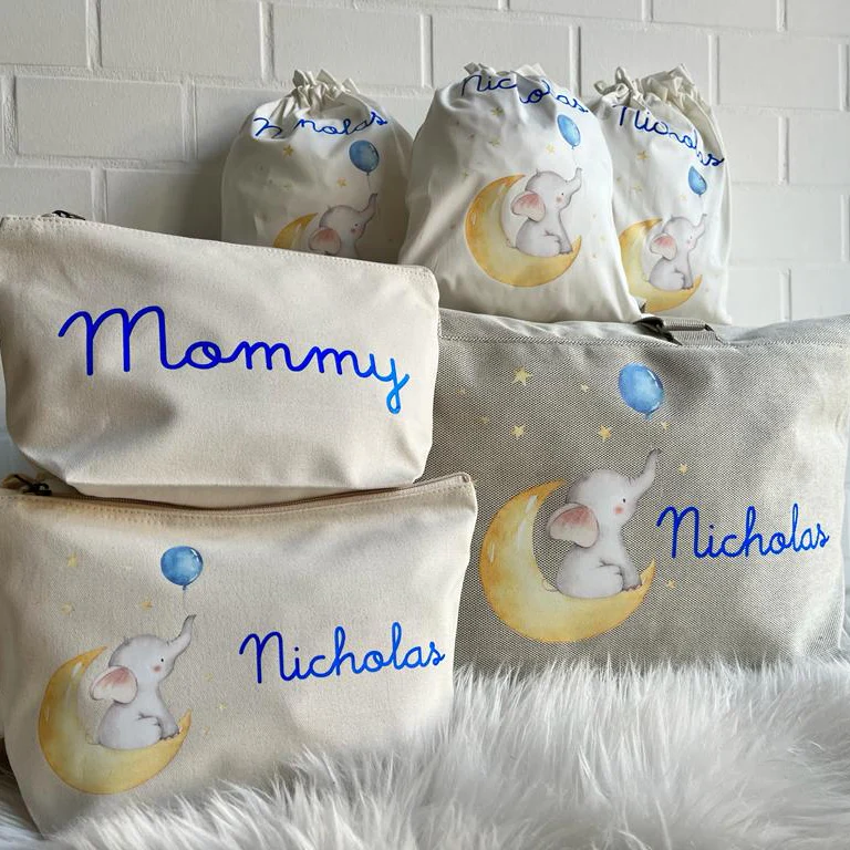 Borsone Elefantino sulla luna , 2 pochette e 3 sacchi in cotone organico