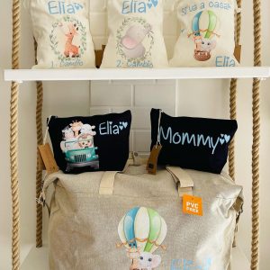 Borsone per il parto personalizzato, 2 pochette e 3 sacchi cambio in cotone organico