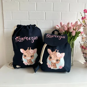Mini Zaino in cotone e Sacca personalizzabile Giraffa