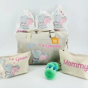 Borsone parto Elefantina, 2 pochette e 3 sacchi in cotone organico