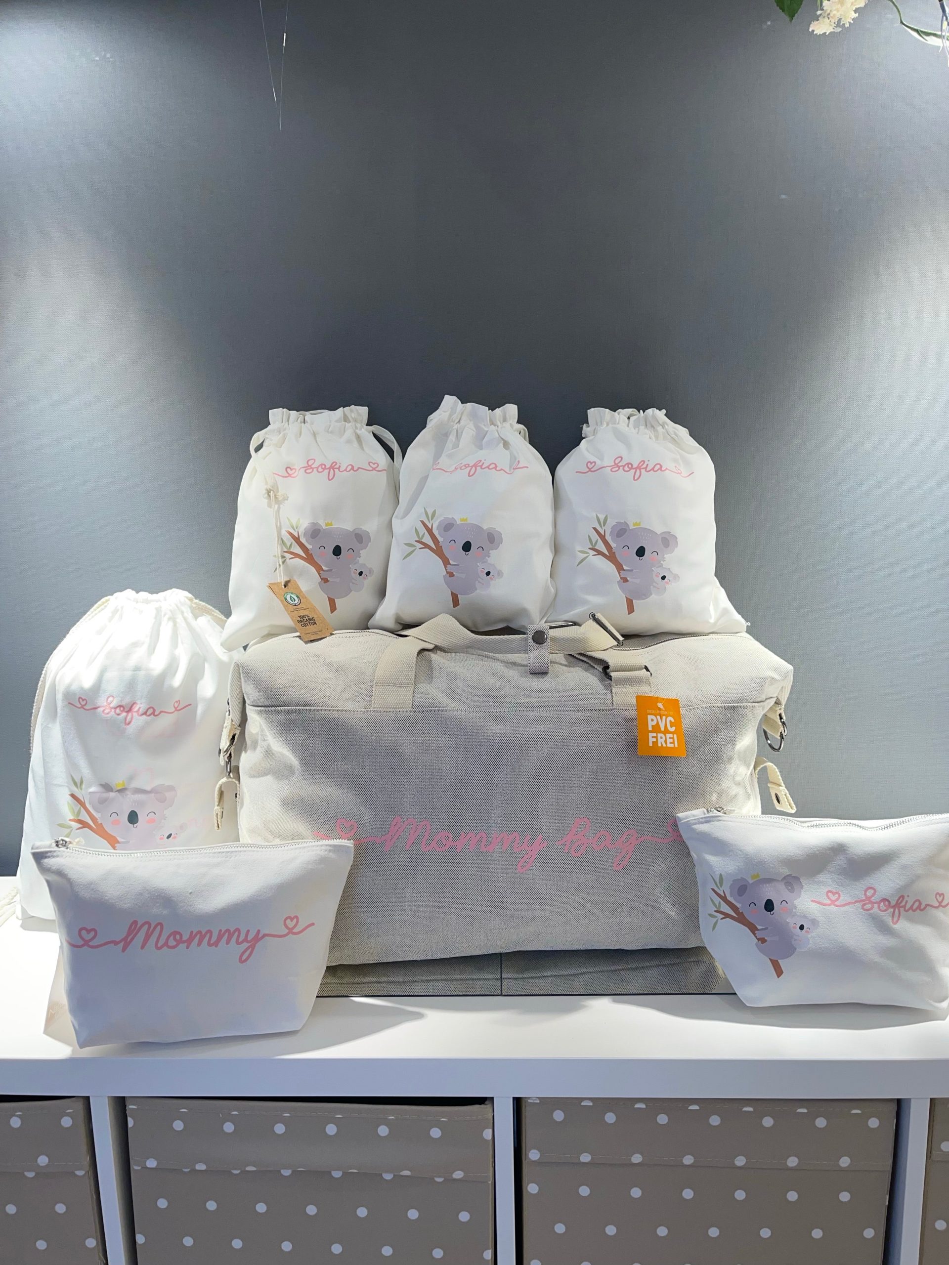 Borsone per il parto"Koala", 2 pochette e 3 sacchi cambio in cotone organico - immagine 5