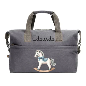 Borsone medio personalizzabile Cavallino a Dondolo Azzurro dotato di tracolla