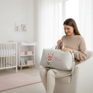 Borsone modello “Mommy” Beige Cerbiatto fiori di Pesco