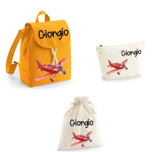 Set asilo personalizzabile Mini Zaino, Sacchetto cambi e beauty Aereo Rosso