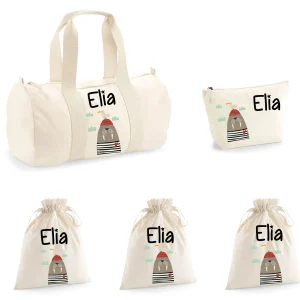 Set Borsone Baby, 1 beauty case e 3 sacchi primi cambi  in cotone canvas Tricheco