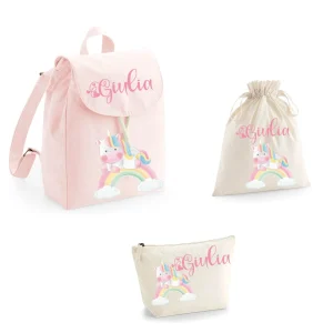 Set asilo personalizzabile  Mini Zaino, Sacchetto cambi e beauty Unicorno Arcobaleno