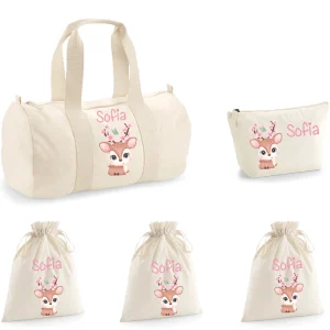 Set Nascita Borsone Baby, 3 sacchi cambi e 1 beauty personalizzati Cerbiatto Pesco