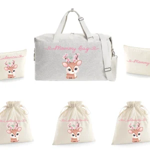 Borsone parto 2 pochette e 3 sacchi in cotone organico Cerbiatta fiori di Pesco