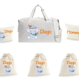 Borsone elefantino indiano, 2 pochette  e 3 sacchi in cotone organico