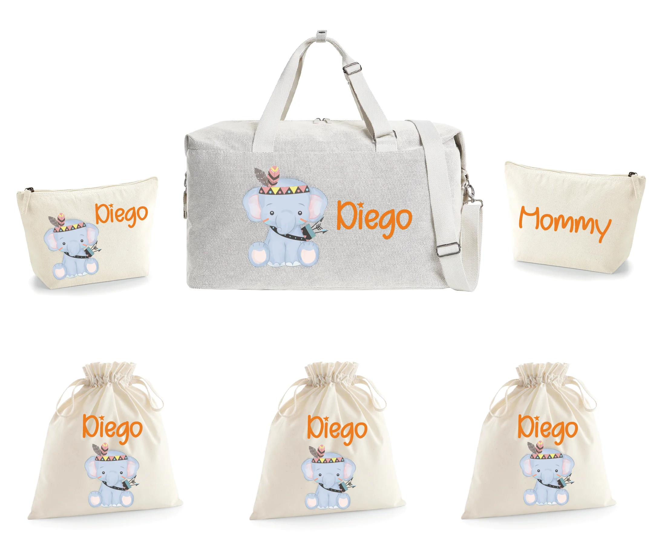 Borsone elefantino indiano, 2 pochette e 3 sacchi in cotone organico - immagine 2