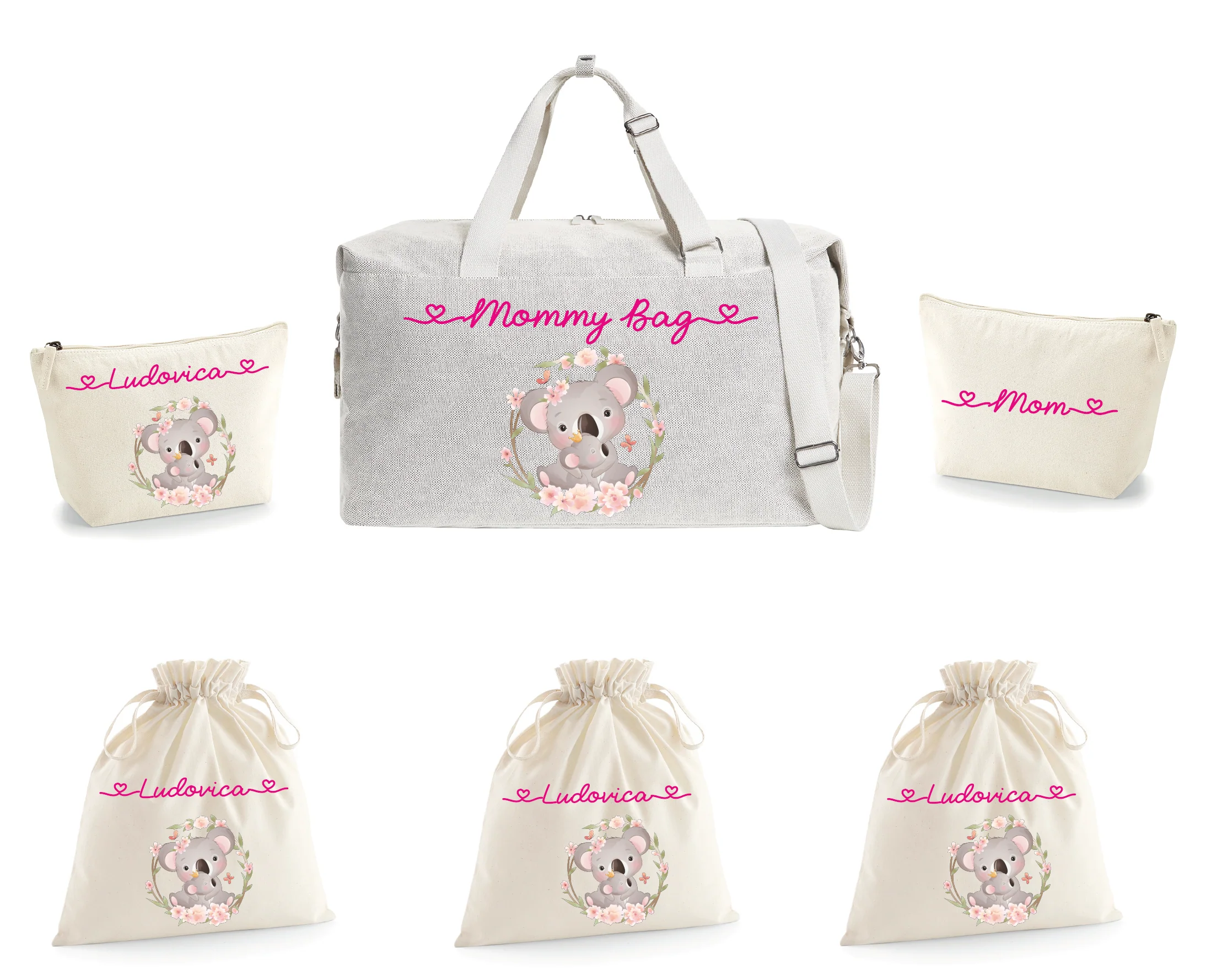Borsone parto koala, 2 pochette e 3 sacchi in cotone organico