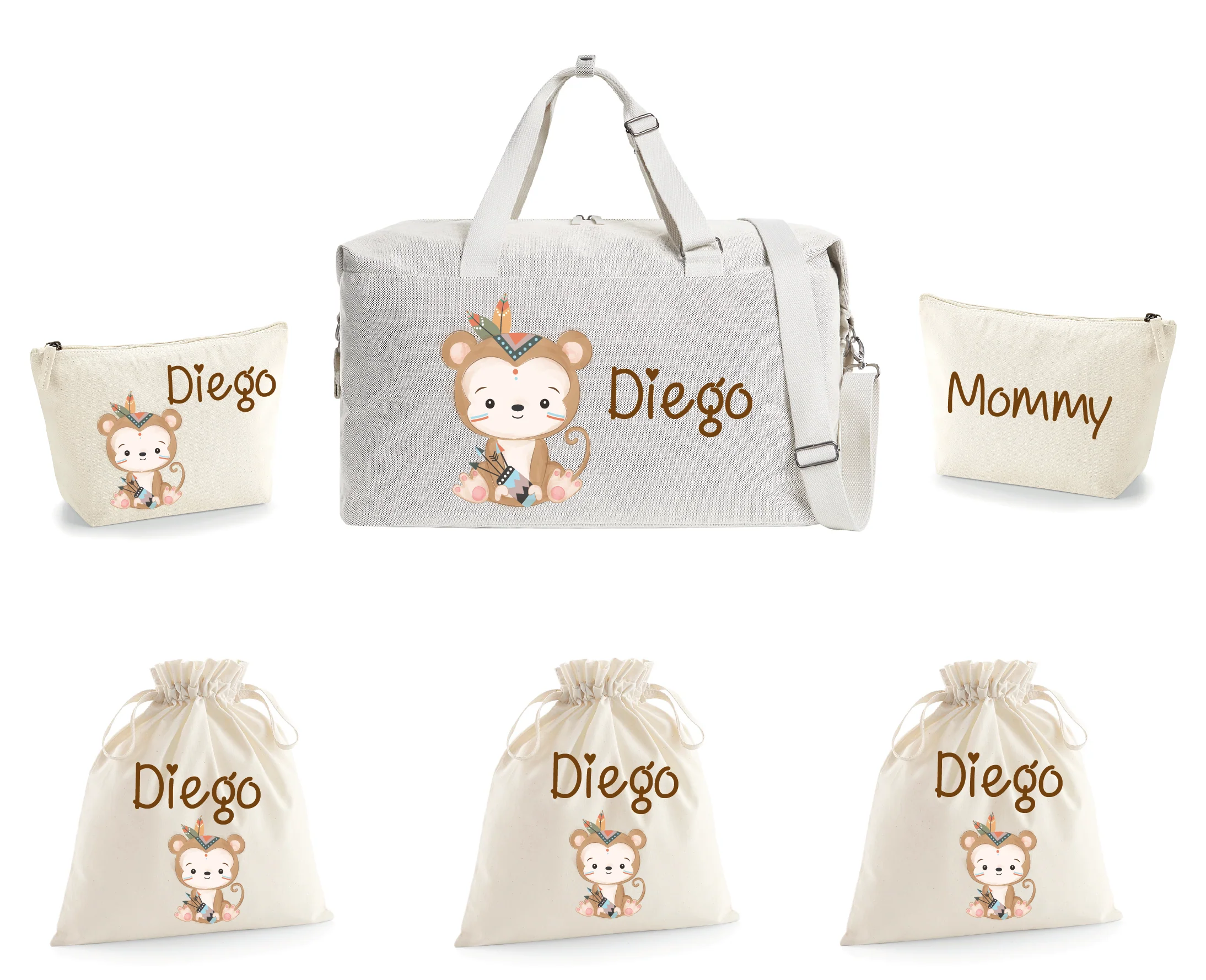 Borsone parto con 2 pochette e 3 sacchi cambi Scimmietta Indiana