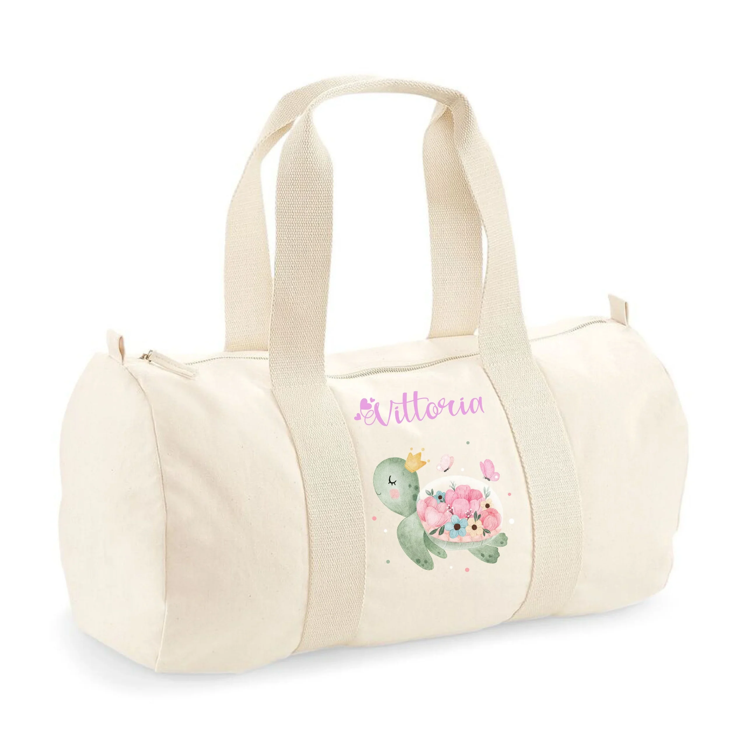 Borsone in cotone canvas personalizzato Tartaruga Fiori - immagine 3